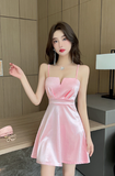 Elegant Light Pink Strappy Dress with Pleated Bodice Detail