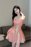 Stylish Orange Sequin Mini Dress with Spaghetti Straps