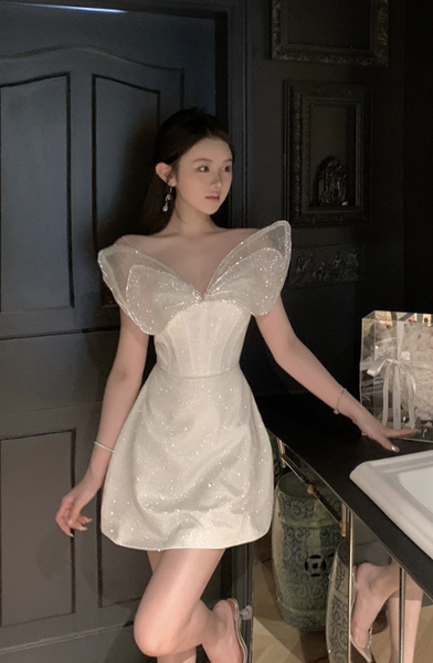 Elegant White Sequin Dress with Butterfly - wing Shoulders