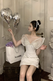 Elegant White Sequin Dress with Butterfly - wing Shoulders