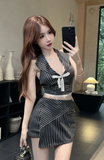 Chic Black and White Striped Halter Crop Top and Skirt Set