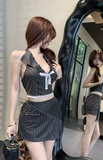 Chic Black and White Striped Halter Crop Top and Skirt Set