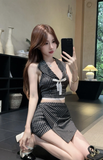Chic Black and White Striped Halter Crop Top and Skirt Set
