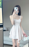 Elegant Ivory Sling Dress with Pleated Bodice and Asymmetric Hem