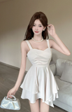 Elegant Ivory Sling Dress with Pleated Bodice and Asymmetric Hem