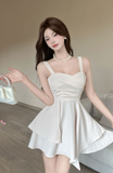 Elegant Ivory Sling Dress with Pleated Bodice and Asymmetric Hem