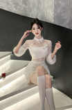 Charming Sheer Lace Qipao - style Dress with Furry Details