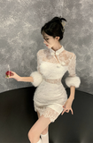 Charming Sheer Lace Qipao - style Dress with Furry Details