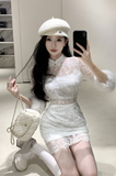Charming Sheer Lace Qipao - style Dress with Furry Details