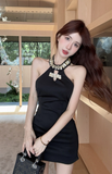 Elegant Sleeveless Black Dress with Statement Halter Detail