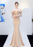 Red one-shoulder thank-you banquet slim fishtail dress wedding evening dress