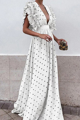 Polkdot Long Ruffles High Waist Party Dress