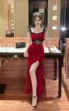 Stylish Sleeveless Dress with Floral Lace and High - Slit