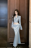 Stylish Long - Sleeve Blue Ensemble with Mermaid - style Skirt