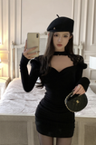 Elegant Long - Sleeve Black Mini Dress with Choker Neckline