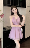 Charming Lilac Halter Mini Dress with Embellished Waist