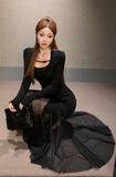 Elegant Long - Sleeve Black Gown with Sheer Side Slit