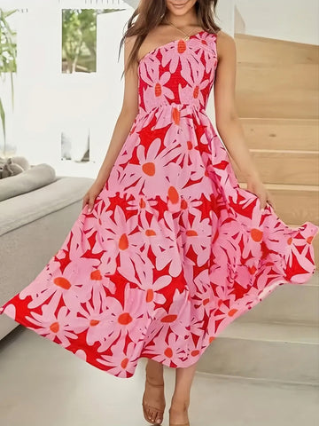 Red Flower Print One Shoulder Ankle Length Maxi Dress