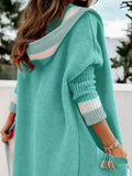 Color Block Open Front Knit Hooded Pink Long Sleeve Cardigan