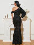 Black One-Shoulder Sequined Prom Dress