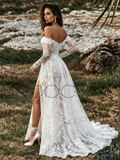 Off The Shoulder Lace A Line Wedding Dress With Slit