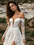 Off The Shoulder Lace A Line Wedding Dress With Slit