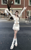 Stylish Cream Knit Set with Fur Trim and Lace - up Detail