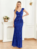 Mesh V Neck Sequin Cap Sleeve Ankle Prom Party Dress
