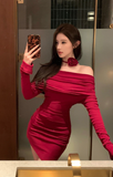 Elegant Off - Shoulder Red Velvet Dress with Rose Choker