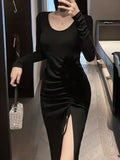 Black Crew Neck Long Sleeve Split Drawstring Dress