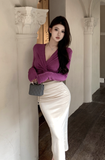 Stylish Long - Sleeve Taupe Top Paired with Cream Midi Skirt