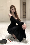 Elegant Black Off - Shoulder Velvet Gown with Lace Trim