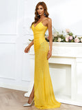 Split Yellow Backless Sheath Column Prom Dress