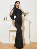 Black One-Shoulder Sequined Prom Dress