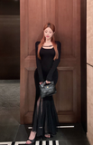 Elegant Long - Sleeve Black Gown with Sheer Side Slit