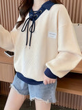 Drawstring Color Block Lapel Pullover Sweatshirt