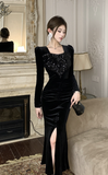 Stylish Long - Sleeve Gown with Sparkling Chest Detail and Side Slit