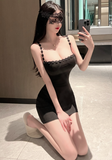 Stylish Strappy Black Dress with Delicate Lace Accents