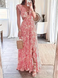 Cut-Out Waist Design Elegant Floral Maxi Dress