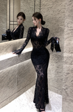 Elegant Black Lace Mermaid Gown with Long Sleeves