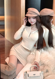 Stylish Beige Bodycon Dress with Lace Neckline Detail