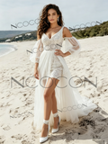 V Neck Sequin Tulle Short Detachable Sleeves Wedding Dress