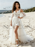 V Neck Sequin Tulle Short Detachable Sleeves Wedding Dress