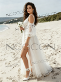 V Neck Sequin Tulle Short Detachable Sleeves Wedding Dress