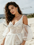 V Neck Sequin Tulle Short Detachable Sleeves Wedding Dress