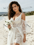 V Neck Sequin Tulle Short Detachable Sleeves Wedding Dress