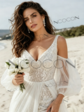 V Neck Sequin Tulle Short Detachable Sleeves Wedding Dress
