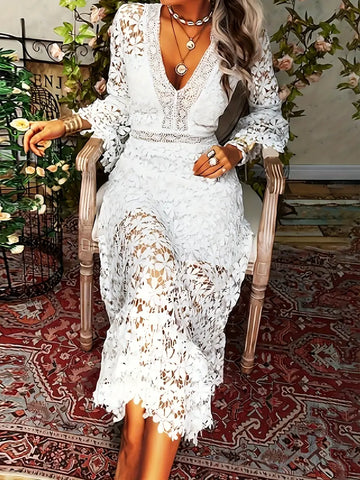 White Long-Sleeve V-Neck Lace Dress