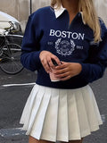 Classic Navy Long Sleeve Polo Collar Boston Print Zip Sweatshirt