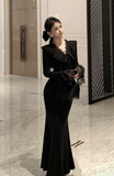 Elegant Long - Sleeve Black Mermaid Dress with Ruffles